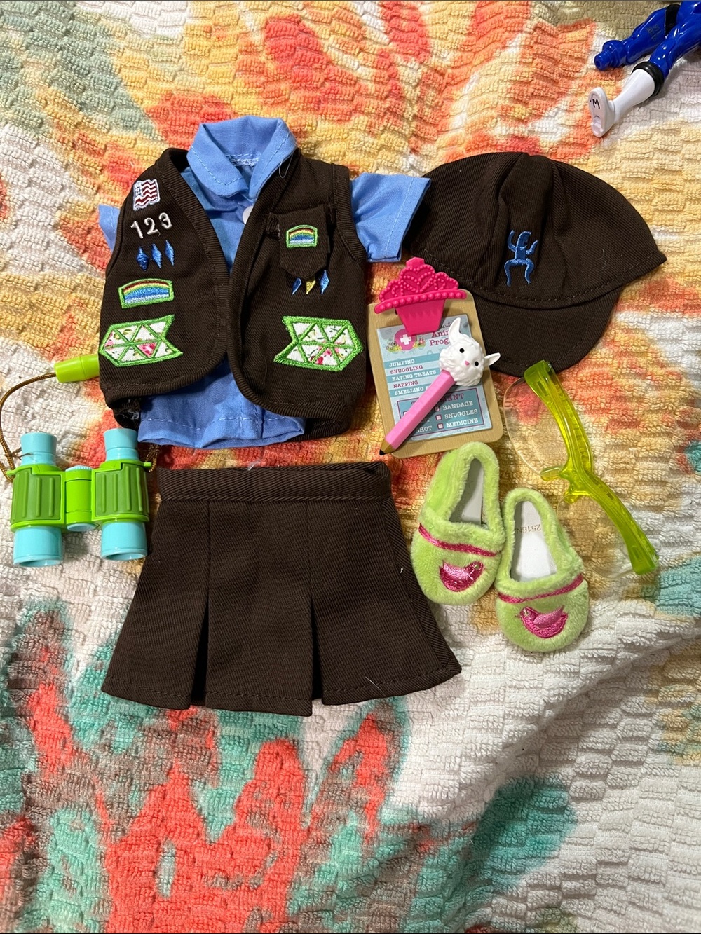 American Girl Brown Scout Set with Blue Shirt and Lime Shoes